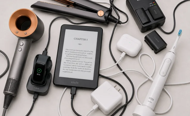 Travel devices and chargers plugged in together on a desk