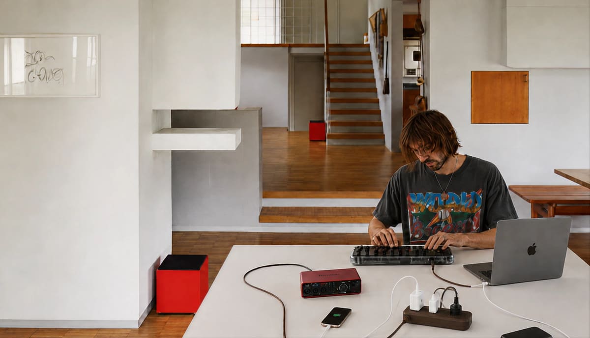 Musician working with a laptop, audio gear and Roamboard on a studio table