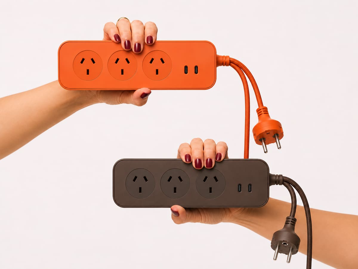 Cosmic Orange and Chocolate Brown Roamboard powerboards held up with European plugs